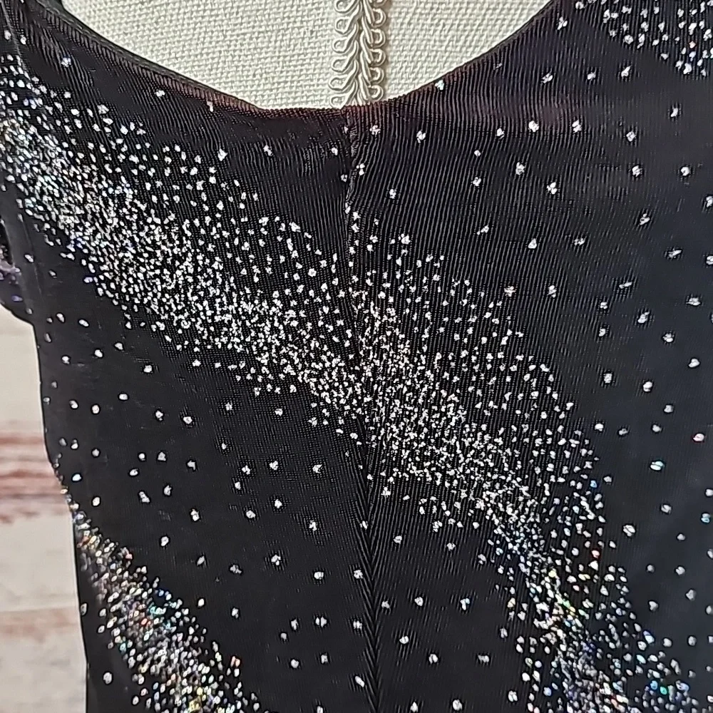 VINTAGE SCARLET BLACK SLEEVELESS COWEL BACK GLITTER FORM FITTING DRESS